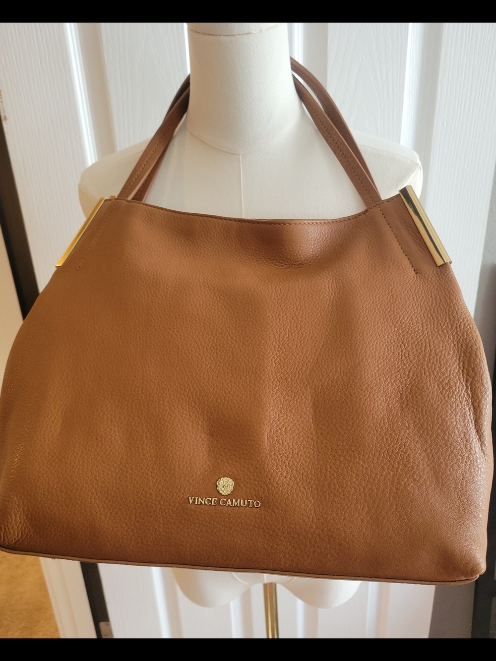 Vince Camuto Cognac Brown Pebbled Leather Tote with Gold Accents